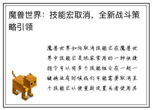 魔兽世界：技能宏取消，全新战斗策略引领